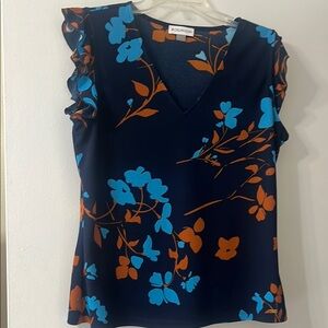 Women's Floral V-Neck Top - Blue and Orange
